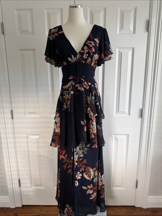 Lulus Dresses & Skirts - Lulus Midnight Mood Navy Blue Floral Tiered Maxi Dress Rust Cream Blooms Size S
